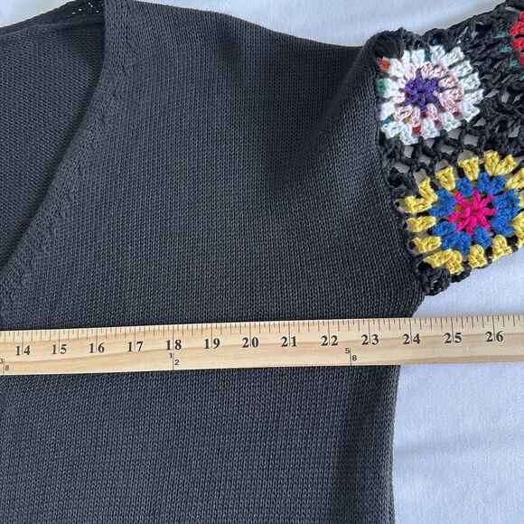 Black Open Front Cardigan Medium Crochet Colorful Granny Square Sleeve Boho - Picture 10 of 13